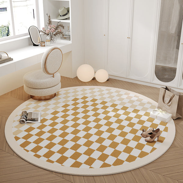 Tapis Rond Damier Scandinave – Imitation Cachemire Beige & Doré | Salon Chambre