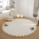Tapis Rond Damier Scandinave – Imitation Cachemire Beige & Doré | Salon Chambre 4