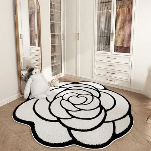 Tapis de Chambre | Moderne Oriental Forme Fleur - Tapinna® Crème Noir et Blanc / Fleur / 60x60cm