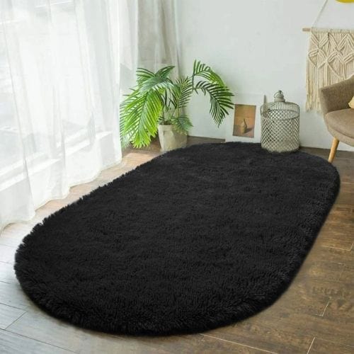 Tapis de Chambre | Shaggy Uni Moderne Luxe Poil Long - Tapinna® Noir / Ovale / 40x60cm