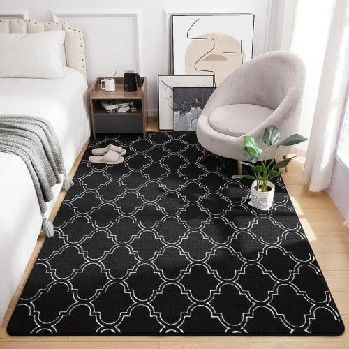 Tapis de Chambre | Shaggy Uni Poil Ras - Tapinna® Noir et Blanc / Rectangulaire / 122x183cm