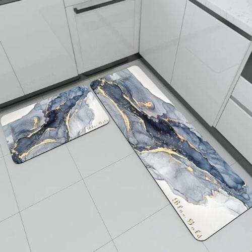 Tapis de Cuisine | Haute Qualité Abstrait Marbre - Tapinna® Doré Bleu / Rectangulaire / 45x70cm (1 Pièce)