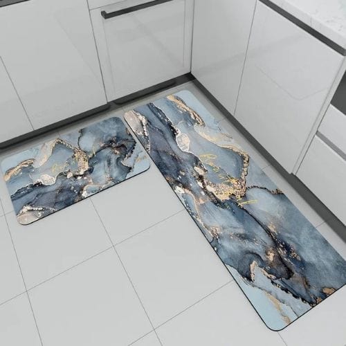 Tapis de Cuisine | Haute Qualité Abstrait Marbre - Tapinna® Doré Bleu / Rectangulaire / 45x70cm (1 Pièce)