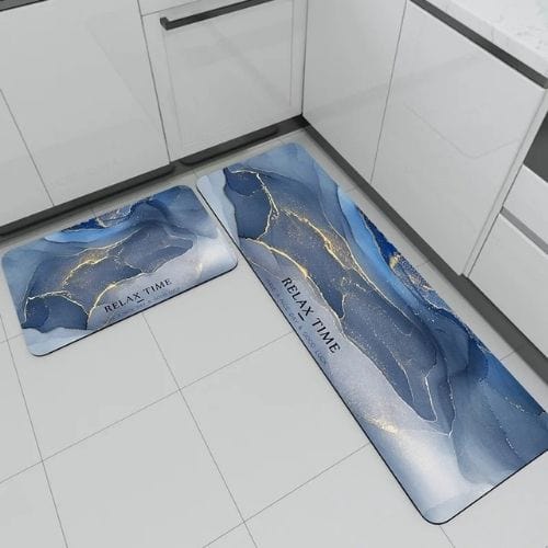 Tapis de Cuisine | Haute Qualité Abstrait Marbre - Tapinna® Doré Bleu / Rectangulaire / 45x70cm (1 Pièce)