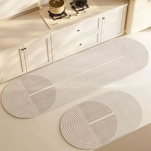 Tapis de Cuisine | Moderne Scandinave Uni Motif Rayé - Tapinna® Beige / Ovale / 40x60cm (1 Pièce)