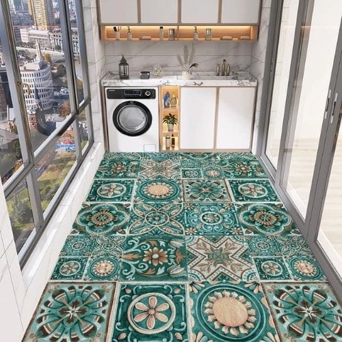 Tapis de Cuisine | Moderne Vintage Imprimé Carrelage - Tapinna® Bleu / Rectangulaire / 50x80cm