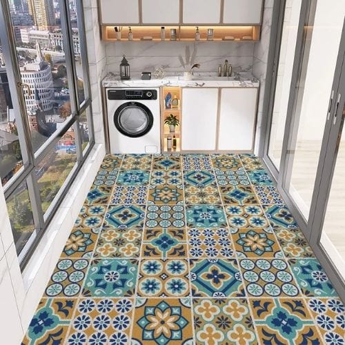 Tapis de Cuisine | Moderne Vintage Imprimé Carrelage - Tapinna® Turquoise / Rectangulaire / 50x80cm