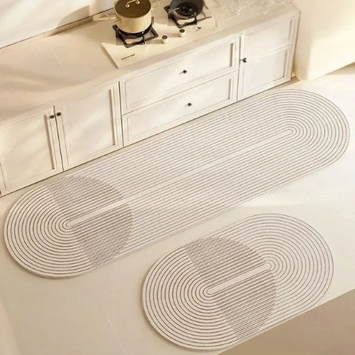 Tapis de Cuisine | Persan Motif Rayé - Tapinna® Beige / Ovale / 40x60cm S (1 Pièce)