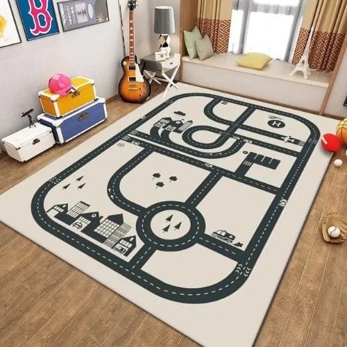 Tapis de Jeu | Route Moderne Enfant - Tapinna® Beige / Rectangulaire / 50x80cm (19.6x31.5 Pouces)