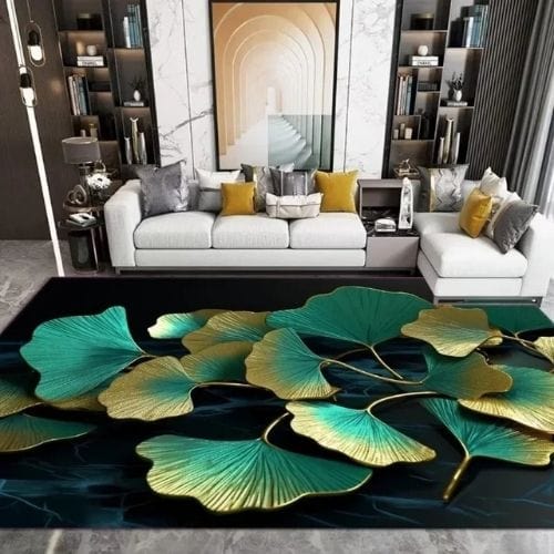 Tapis de Salon | Kilim Luxe Abstrait Marbre Végétal - Tapinna® Doré Vert / Rectangulaire / 60x90cm (Paillasson)