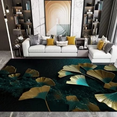 Tapis de Salon | Kilim Luxe Abstrait Marbre Végétal - Tapinna® Doré Vert / Rectangulaire / 60x90cm (Paillasson)