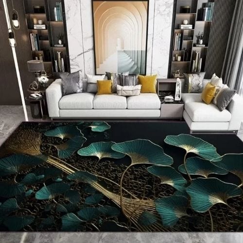 Tapis de Salon | Kilim Luxe Abstrait Marbre Végétal - Tapinna® Doré Vert / Rectangulaire / 60x90cm (Paillasson)