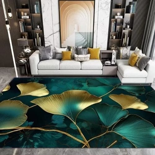 Tapis de Salon | Kilim Luxe Abstrait Marbre Végétal - Tapinna® Doré Vert / Rectangulaire / 60x90cm (Paillasson)