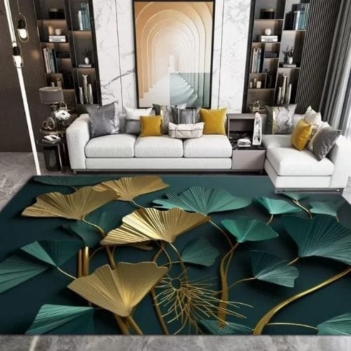 Tapis de Salon | Kilim Luxe Abstrait Marbre Végétal - Tapinna® Doré Vert / Rectangulaire / 60x90cm (Paillasson)