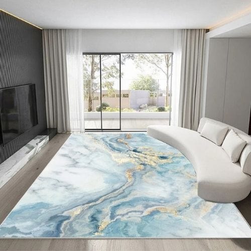 Tapis de Salon | Kilim Luxe Scandinave Abstrait Marbre - Tapinna® Doré Bleu / Rectangulaire / 60x90cm (Paillasson)
