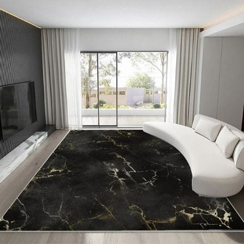 Tapis de Salon | Kilim Luxe Scandinave Abstrait Marbre - Tapinna® Doré Noir / Rectangulaire / 60x90cm (Paillasson)