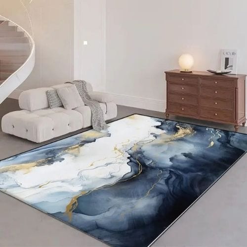 Tapis de Salon | Kilim Moderne Luxe Design Marbre - Tapinna® Doré Bleu / Rectangulaire / 60x90cm (Paillasson)