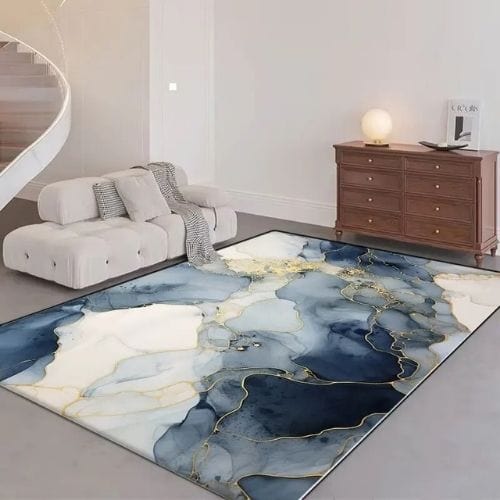 Tapis de Salon | Kilim Moderne Luxe Design Marbre - Tapinna® Doré Bleu / Rectangulaire / 60x90cm (Paillasson)