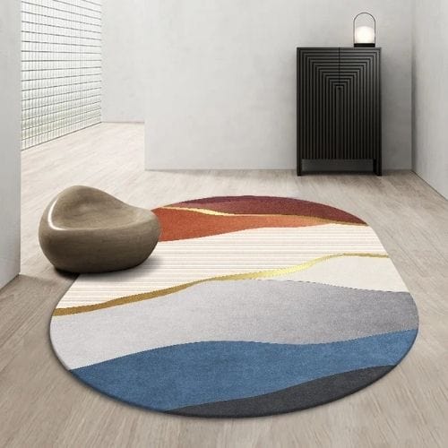 Tapis de Salon | Kilim Scandinave Abstrait Marbre - Tapinna® Doré Coloré / Ovale / 60x90cm (Paillasson)