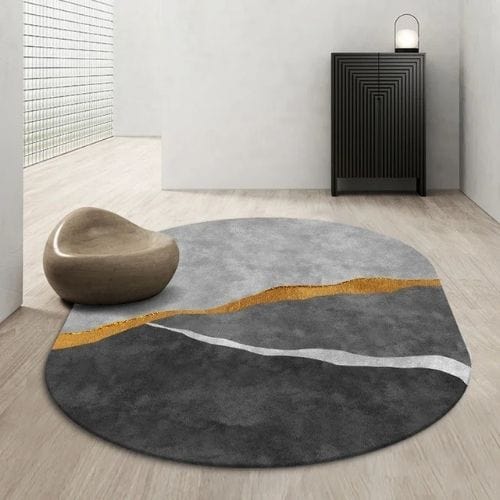 Tapis de Salon | Kilim Scandinave Abstrait Marbre - Tapinna® Doré Gris / Ovale / 60x90cm (Paillasson)