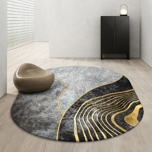 Tapis de Salon | Kilim Scandinave Abstrait Marbre - Tapinna® Doré Gris / Ovale / 60x90cm (Paillasson)