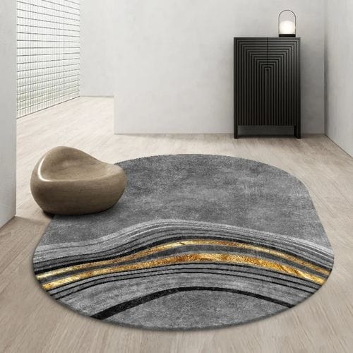 Tapis de Salon | Kilim Scandinave Abstrait Marbre - Tapinna® Doré Gris / Ovale / 60x90cm (Paillasson)