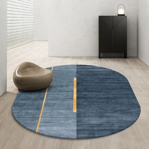 Tapis de Salon | Kilim Scandinave Abstrait - Tapinna® Doré Bleu / Ovale / 60x90cm (Paillasson)