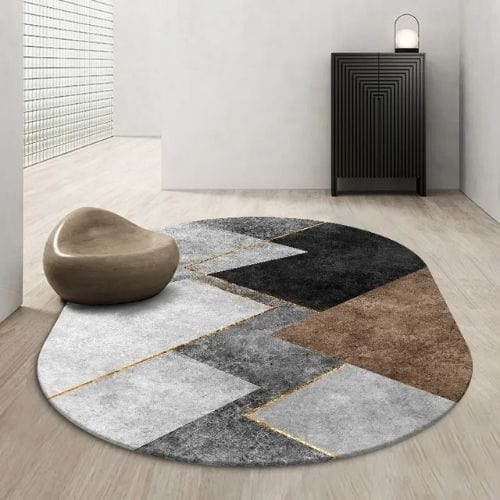 Tapis de Salon | Kilim Scandinave Abstrait - Tapinna® Doré Gris / Ovale / 60x90cm (Paillasson)
