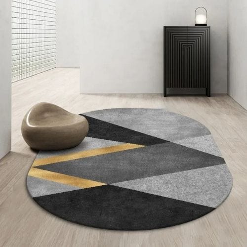 Tapis de Salon | Kilim Scandinave Abstrait - Tapinna® Doré Gris / Ovale / 60x90cm (Paillasson)