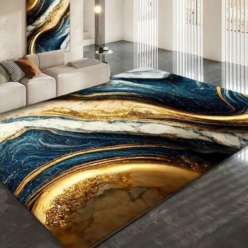 Tapis de Salon | Luxe Européen Marbre Abstrait Doré - Tapinna® Doré Bleu / Rectangulaire / 60x90cm (Paillasson)