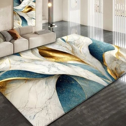 Tapis de Salon | Luxe Européen Marbre Abstrait Doré - Tapinna® Doré Bleu / Rectangulaire / 60x90cm (Paillasson)