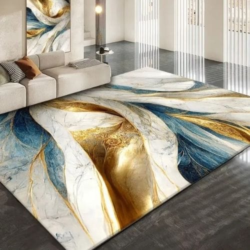 Tapis de Salon | Luxe Européen Marbre Abstrait Doré - Tapinna® Doré Bleu / Rectangulaire / 60x90cm (Paillasson)