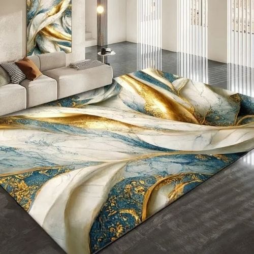 Tapis de Salon | Luxe Européen Marbre Abstrait Doré - Tapinna® Doré Bleu / Rectangulaire / 60x90cm (Paillasson)