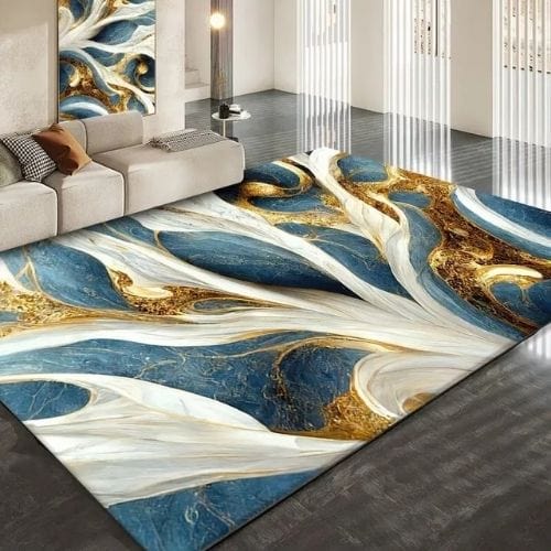 Tapis de Salon | Luxe Européen Marbre Abstrait Doré - Tapinna® Doré Bleu / Rectangulaire / 60x90cm (Paillasson)