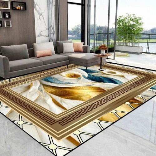 Tapis de Salon | Luxe Européen Marbre Abstrait Doré - Tapinna® Doré Bleu / Rectangulaire / 60x90cm (Paillasson)