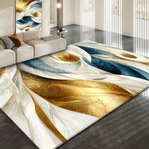 Tapis de Salon | Luxe Européen Marbre Abstrait Doré - Tapinna® Doré Bleu / Rectangulaire / 60x90cm (Paillasson)