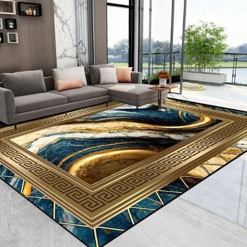 Tapis de Salon | Luxe Européen Marbre Abstrait Doré - Tapinna® Doré Bleu / Rectangulaire / 60x90cm (Paillasson)