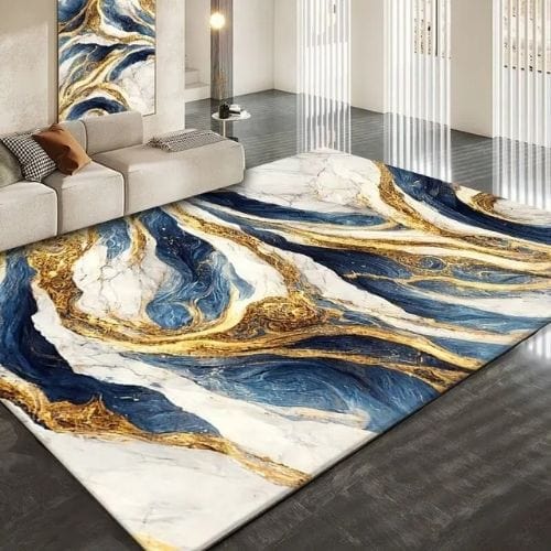 Tapis de Salon | Luxe Européen Marbre Abstrait Doré - Tapinna® Doré Bleu / Rectangulaire / 60x90cm (Paillasson)