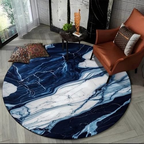 Tapis de Salon | Moderne 3D Luxe Abstrait Marbre - Tapinna® Bleu / Rond / Diamètre 60cm