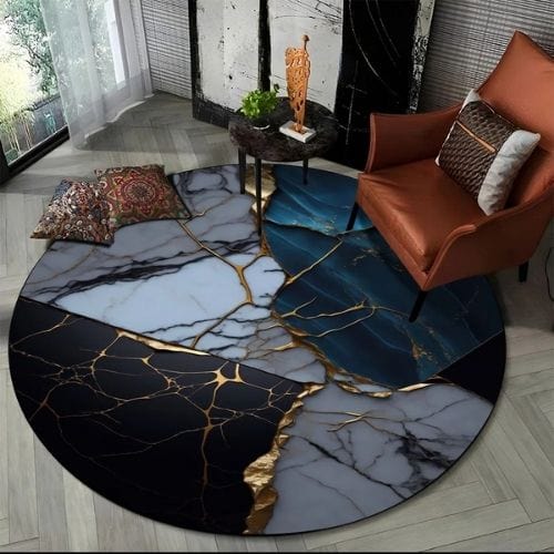 Tapis de Salon | Moderne 3D Luxe Abstrait Marbre - Tapinna® Doré Bleu / Rond / Diamètre 60cm