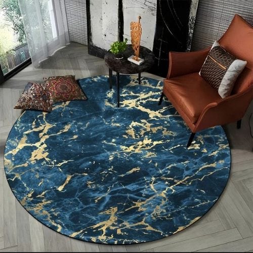 Tapis de Salon | Moderne 3D Luxe Abstrait Marbre - Tapinna® Doré Bleu / Rond / Diamètre 60cm