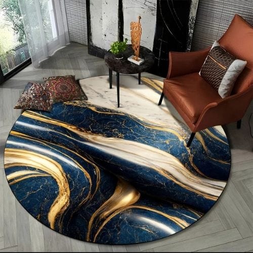 Tapis de Salon | Moderne 3D Luxe Abstrait Marbre - Tapinna® Doré Bleu / Rond / Diamètre 60cm