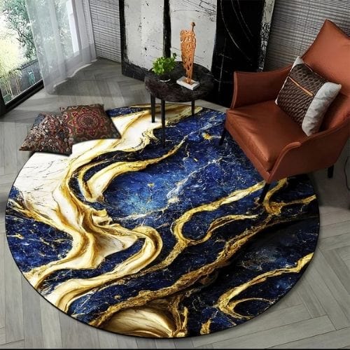 Tapis de Salon | Moderne 3D Luxe Abstrait Marbre - Tapinna® Doré Bleu / Rond / Diamètre 60cm