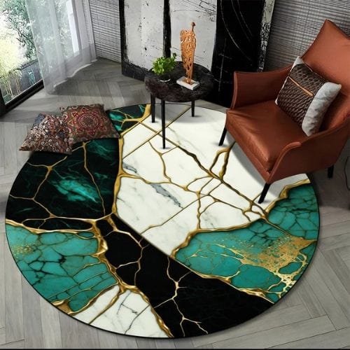 Tapis de Salon | Moderne 3D Luxe Abstrait Marbre - Tapinna® Doré Bleu / Rond / Diamètre 60cm