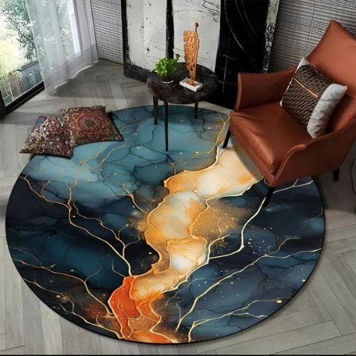 Tapis de Salon | Moderne 3D Luxe Abstrait Marbre - Tapinna® Doré Coloré / Rond / Diamètre 60cm