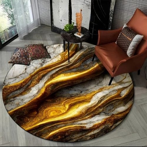 Tapis de Salon | Moderne 3D Luxe Abstrait Marbre - Tapinna® Doré Marron / Rond / Diamètre 60cm