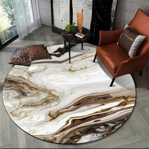 Tapis de Salon | Moderne 3D Luxe Abstrait Marbre - Tapinna® Doré Marron / Rond / Diamètre 60cm