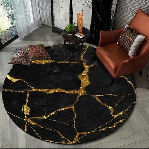Tapis de Salon | Moderne 3D Luxe Abstrait Marbre - Tapinna® Doré Noir / Rond / Diamètre 60cm