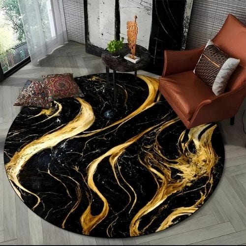 Tapis de Salon | Moderne 3D Luxe Abstrait Marbre - Tapinna® Doré Noir / Rond / Diamètre 60cm