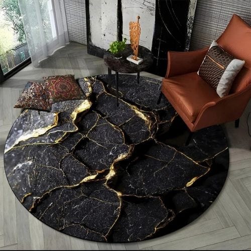 Tapis de Salon | Moderne 3D Luxe Abstrait Marbre - Tapinna® Doré Noir / Rond / Diamètre 60cm